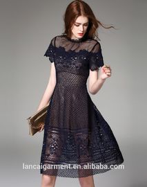 =Women Black Pierced Lace Sheer Midi Dress