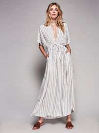 Women Latest Fashion Deep V Striped Maxi Dress