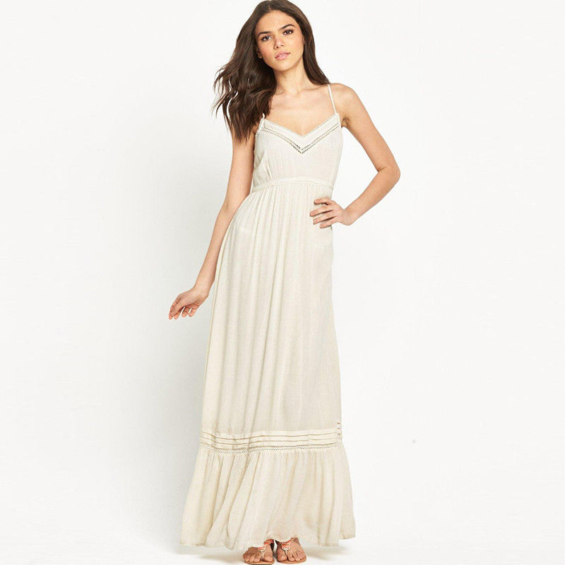 Strappy tiered cheesecloth stylish white maxi bridesmaid dress