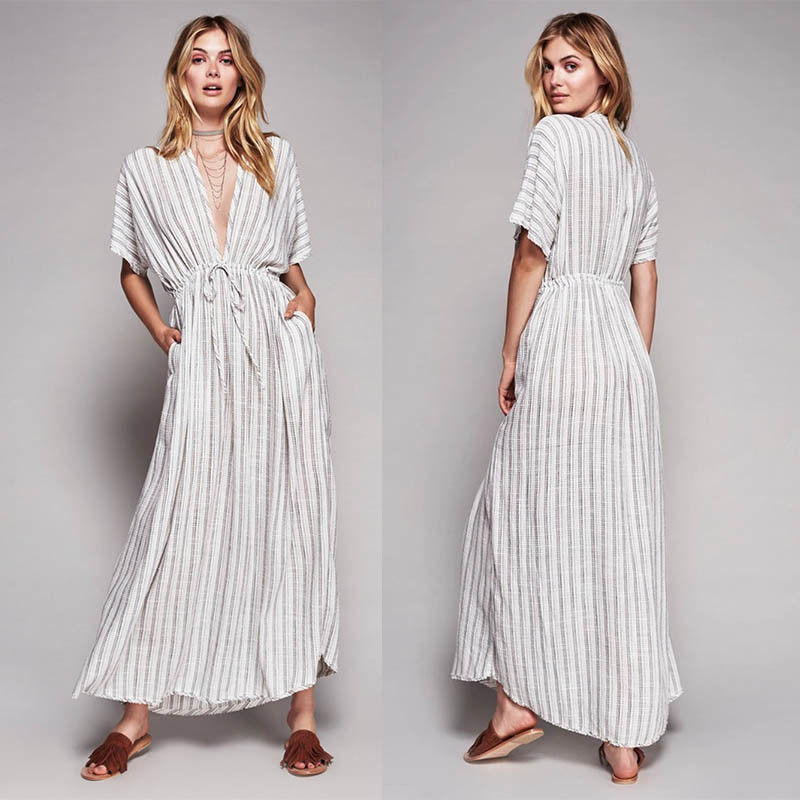 Women Latest Fashion Deep V Striped Maxi Dress