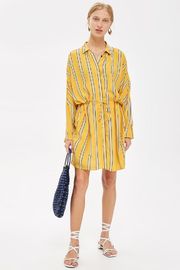 Yellow Stripe Drawstring Ladies Casual Shirt Dress Long Sleeve for Women