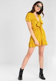 Glamorous Day Dress Bow Tie Sexy Yellow Polka Dot Dress Women